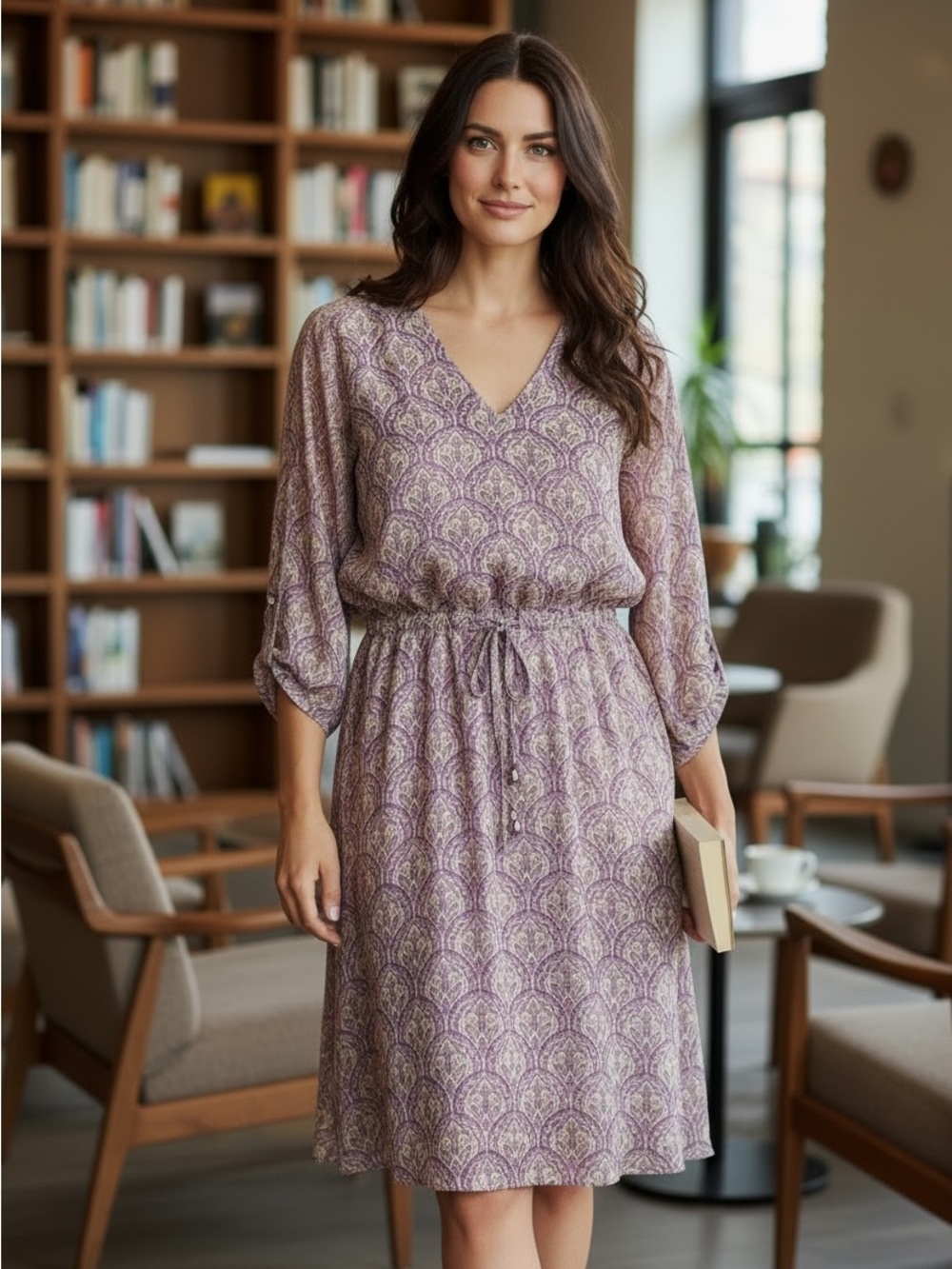 Sarah John Midi Dress M Purple Paisley Boho Long Sleeve Drawstring Waist